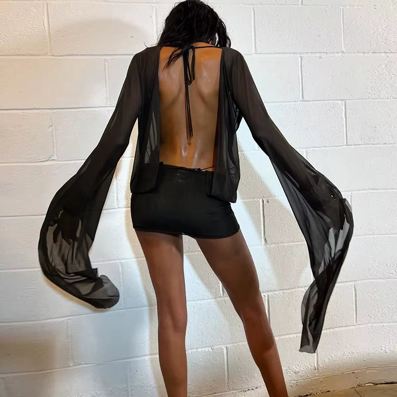 Casual Deep V Neck Long Sleeve See Through Mesh Shirtdress Mini Dress