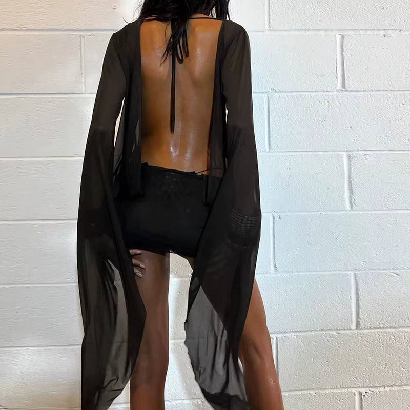 Casual Deep V Neck Long Sleeve See Through Mesh Shirtdress Mini Dress
