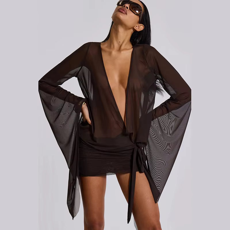 Casual Deep V Neck Long Sleeve See Through Mesh Shirtdress Mini Dress