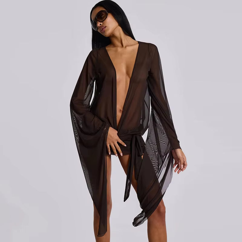 Casual Deep V Neck Long Sleeve See Through Mesh Shirtdress Mini Dress