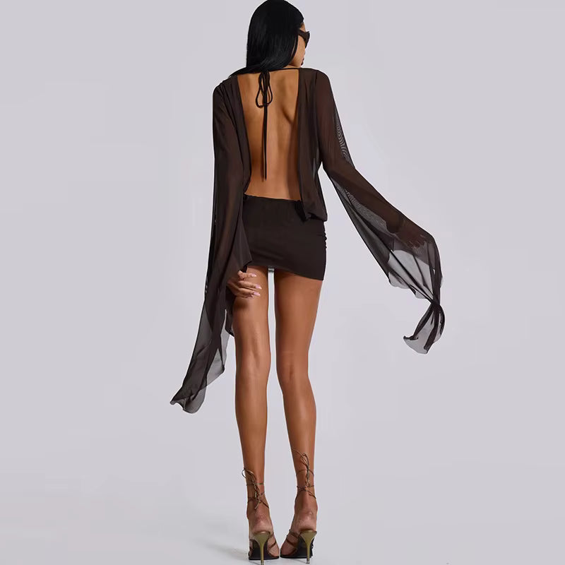 Casual Deep V Neck Long Sleeve See Through Mesh Shirtdress Mini Dress