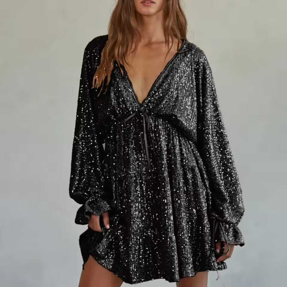 Casual Deep V-Neck Long Sleeve Spliced Lace Up Loose Dress
