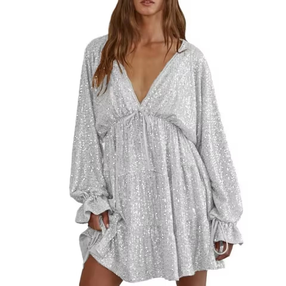 Casual Deep V-Neck Long Sleeve Spliced Lace Up Loose Dress