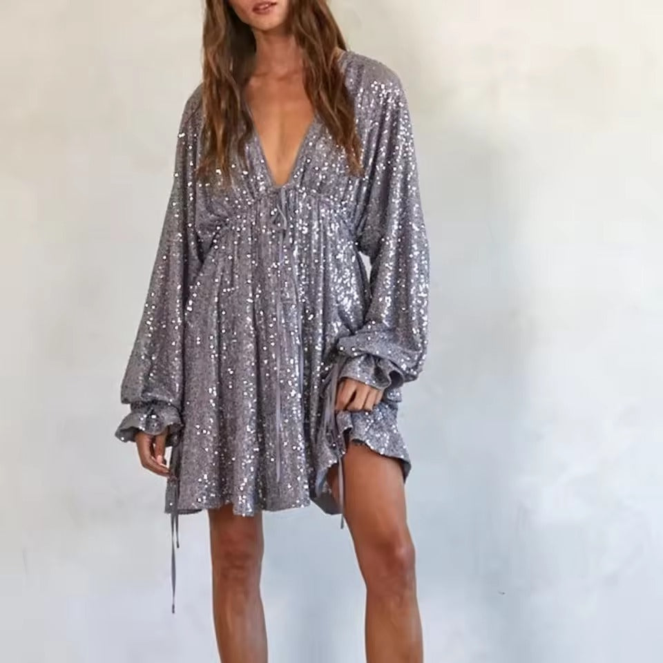 Casual Deep V-Neck Long Sleeve Spliced Lace Up Loose Dress