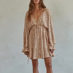 Casual Deep V-Neck Long Sleeve Spliced Lace Up Loose Dress