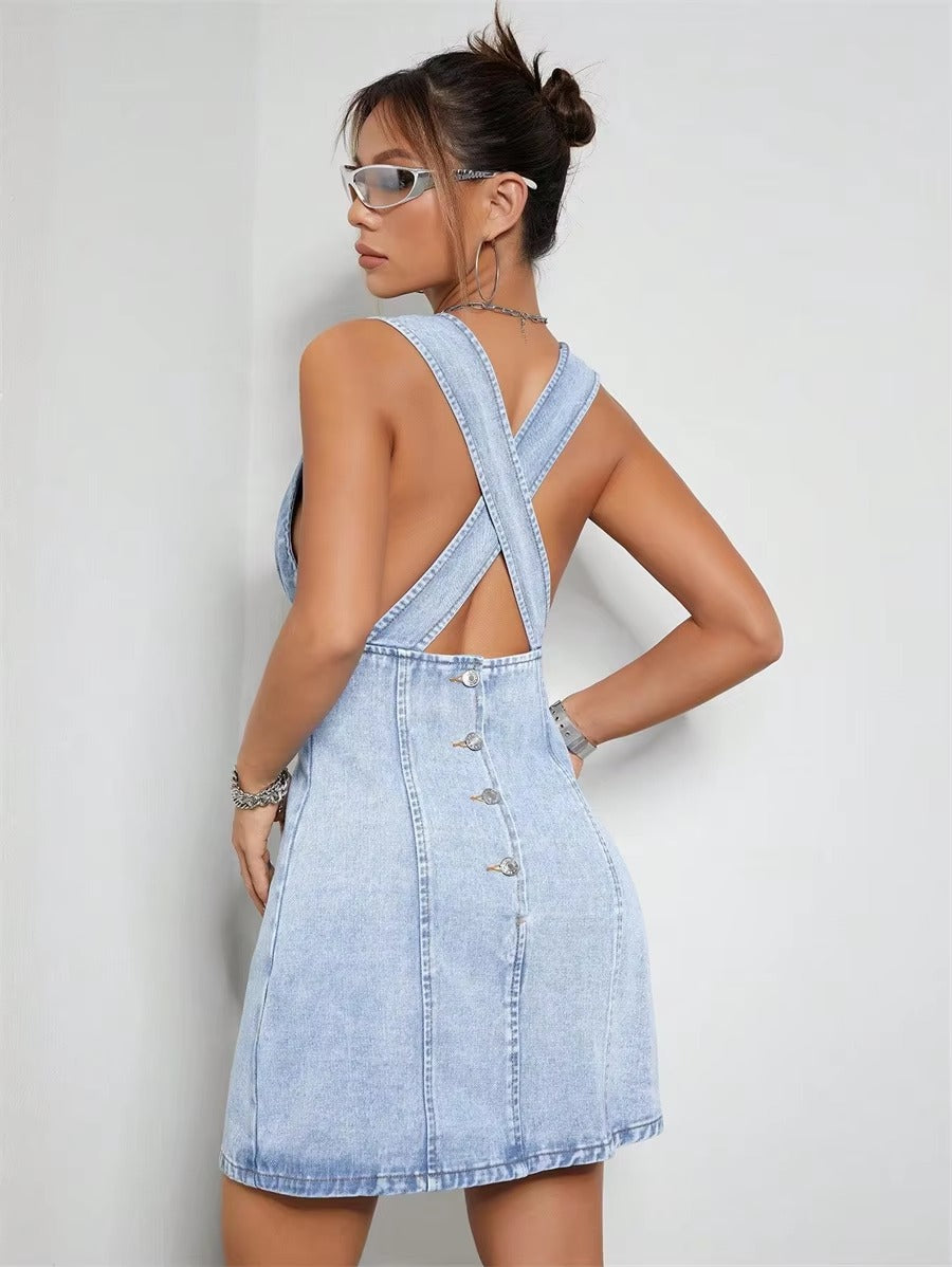 Casual Deep V-neck Button Backless Sleeveless empire Waist Mini A-Line Dresses