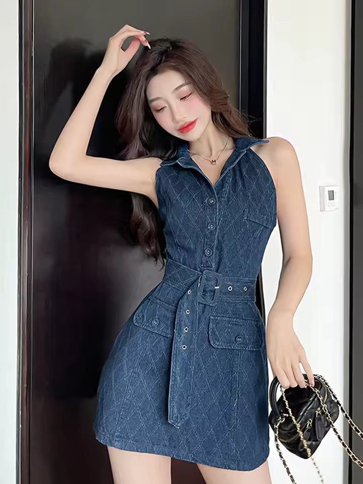 Casual Denim Chic Vintage Sleeveless Slim Short Mini Dress