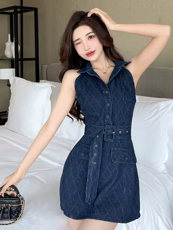 Casual Denim Chic Vintage Sleeveless Slim Short Mini Dress
