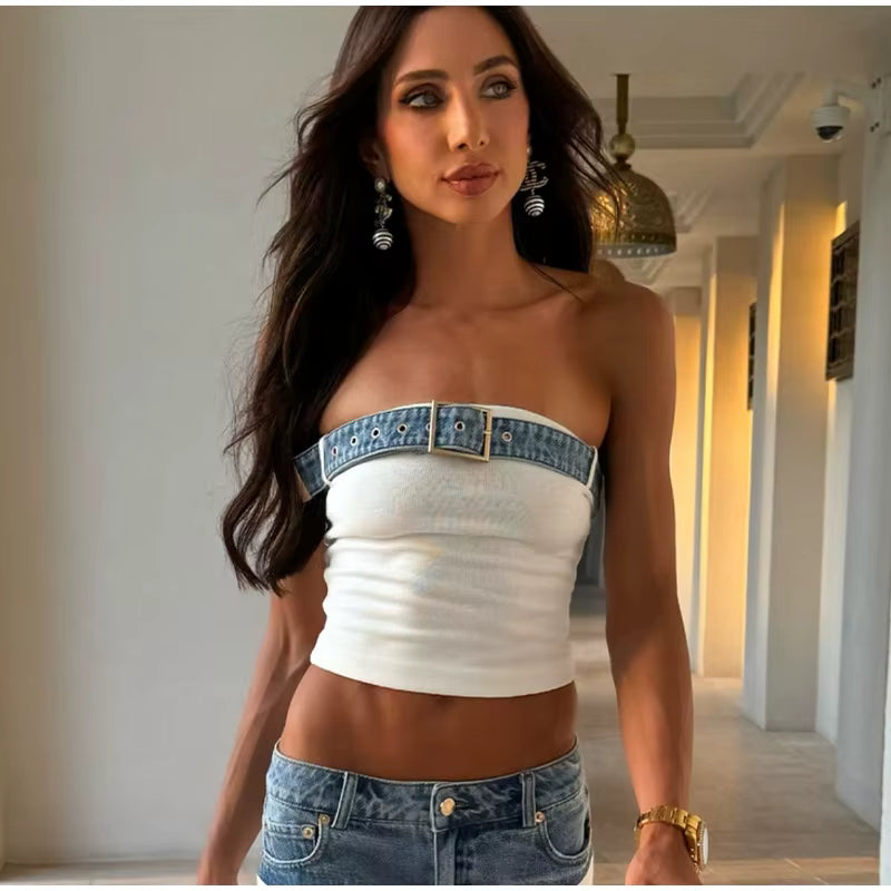 Casual Denim Contrast Vest Pants Knitted Sleeveless Tube Belt Vests Loose Trouser Two Piece Set