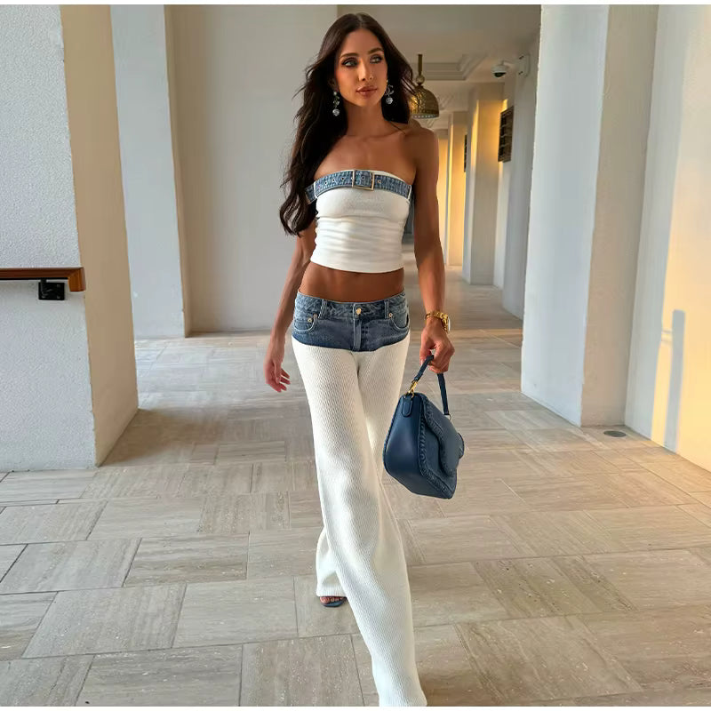 Casual Denim Contrast Vest Pants Knitted Sleeveless Tube Belt Vests Loose Trouser Two Piece Set