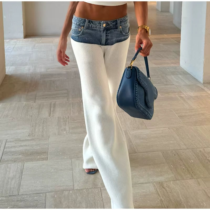 Casual Denim Contrast Vest Pants Knitted Sleeveless Tube Belt Vests Loose Trouser Two Piece Set