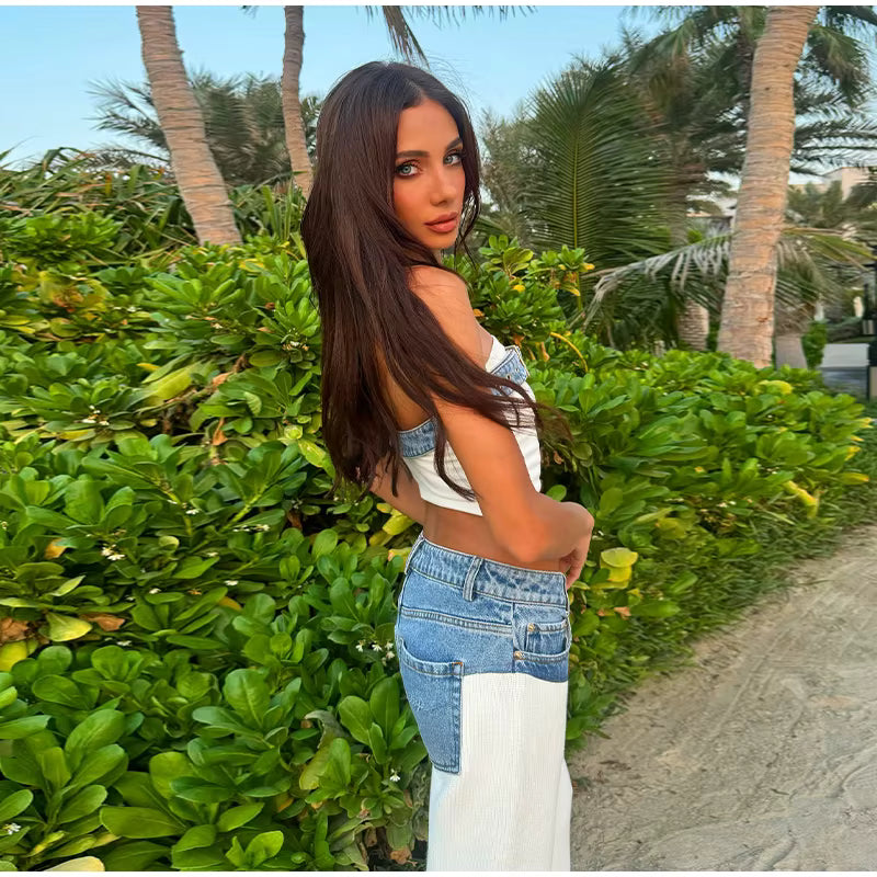 Casual Denim Contrast Vest Pants Knitted Sleeveless Tube Belt Vests Loose Trouser Two Piece Set
