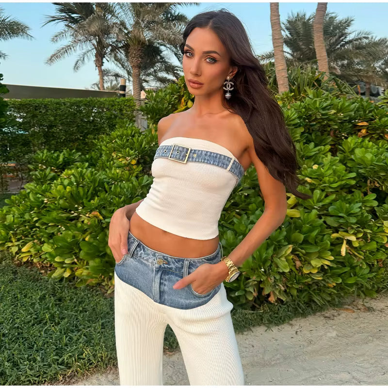 Casual Denim Contrast Vest Pants Knitted Sleeveless Tube Belt Vests Loose Trouser Two Piece Set