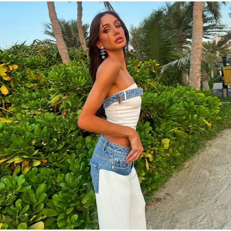 Casual Denim Contrast Vest Pants Knitted Sleeveless Tube Belt Vests Loose Trouser Two Piece Set