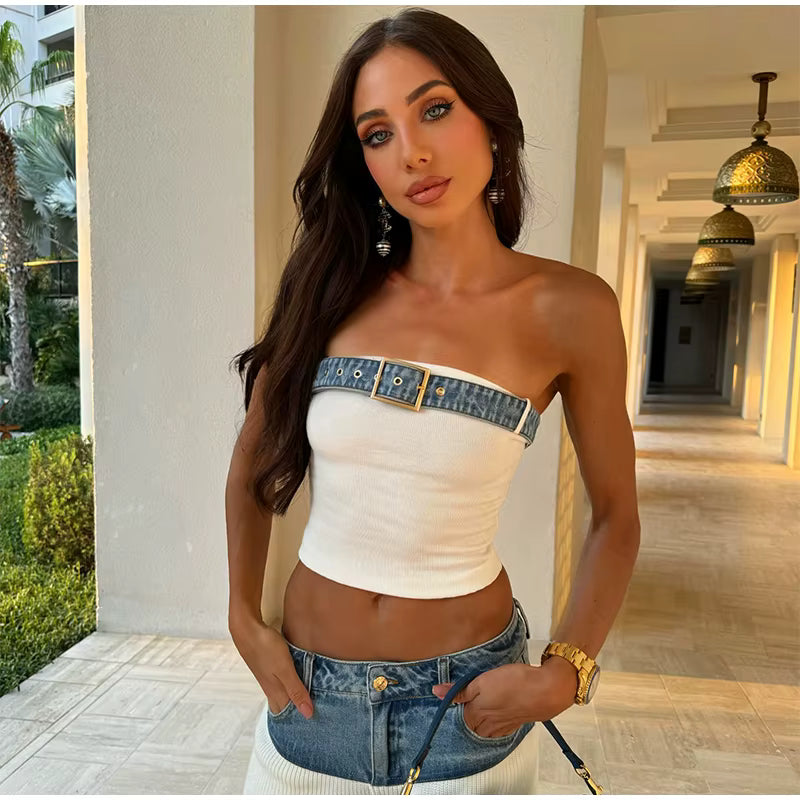 Casual Denim Contrast Vest Pants Knitted Sleeveless Tube Belt Vests Loose Trouser Two Piece Set
