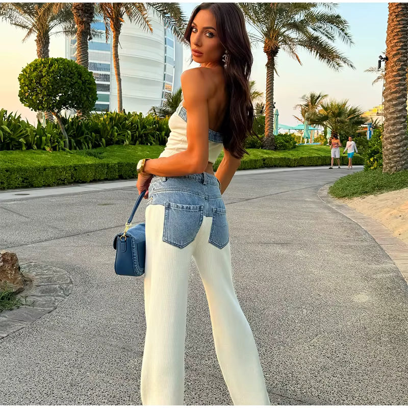 Casual Denim Contrast Vest Pants Knitted Sleeveless Tube Belt Vests Loose Trouser Two Piece Set