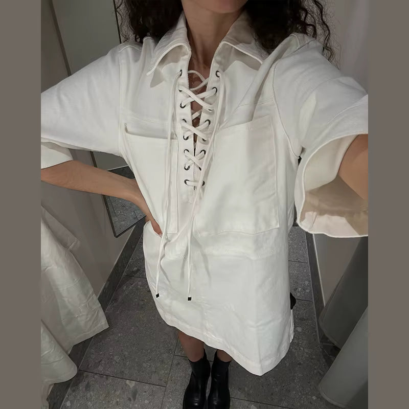 Casual Denim Drawstring Lapel Pockets Half Sleeve Short Mini Dress