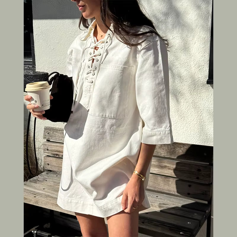 Casual Denim Drawstring Lapel Pockets Half Sleeve Short Mini Dress