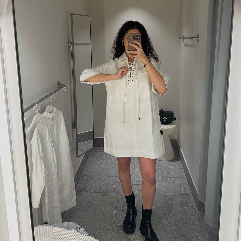 Casual Denim Drawstring Lapel Pockets Half Sleeve Short Mini Dress