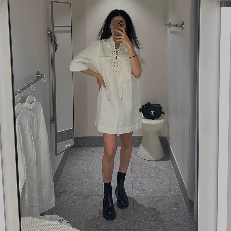 Casual Denim Drawstring Lapel Pockets Half Sleeve Short Mini Dress
