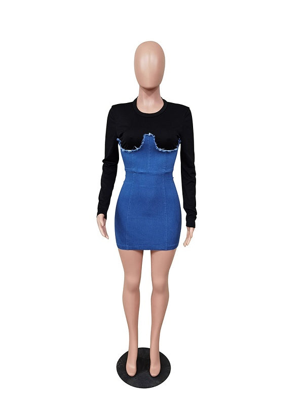 Casual Denim Patchwork Long Sleeve Bodycon Dress