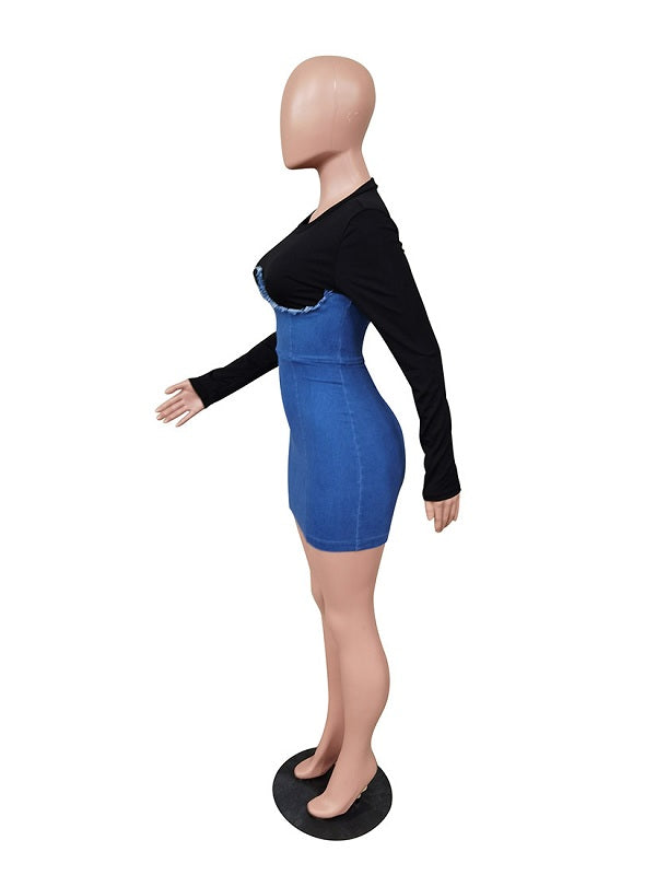 Casual Denim Patchwork Long Sleeve Bodycon Dress