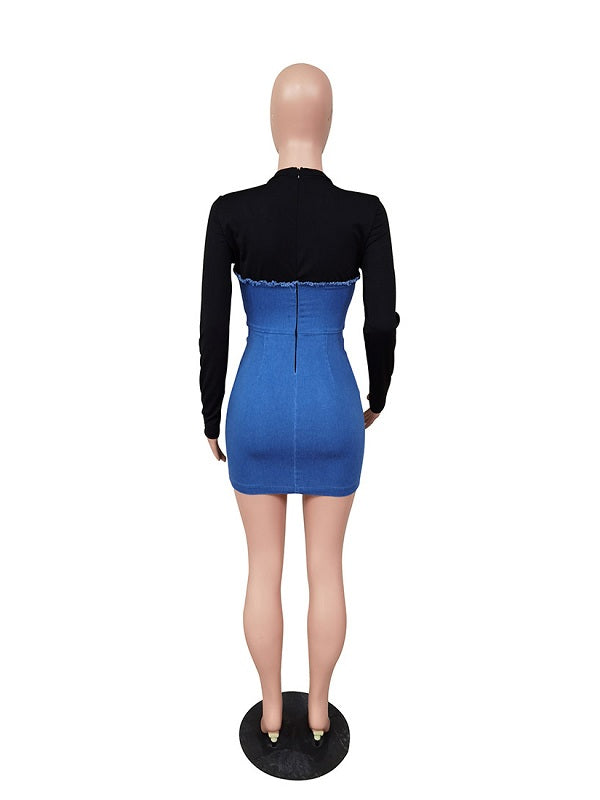 Casual Denim Patchwork Long Sleeve Bodycon Dress