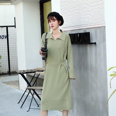 Casual Design Knitting Turn-down Collar Loose Korean Sweater Dress