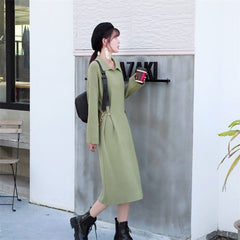 Casual Design Knitting Turn-down Collar Loose Korean Sweater Dress