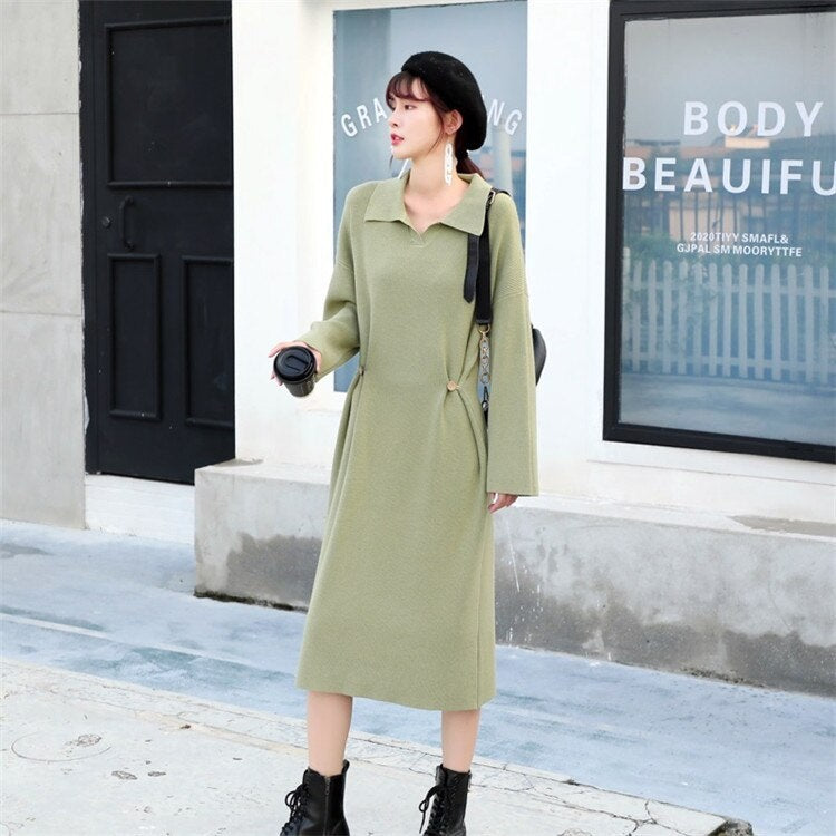 Casual Design Knitting Turn-down Collar Loose Korean Sweater Dress