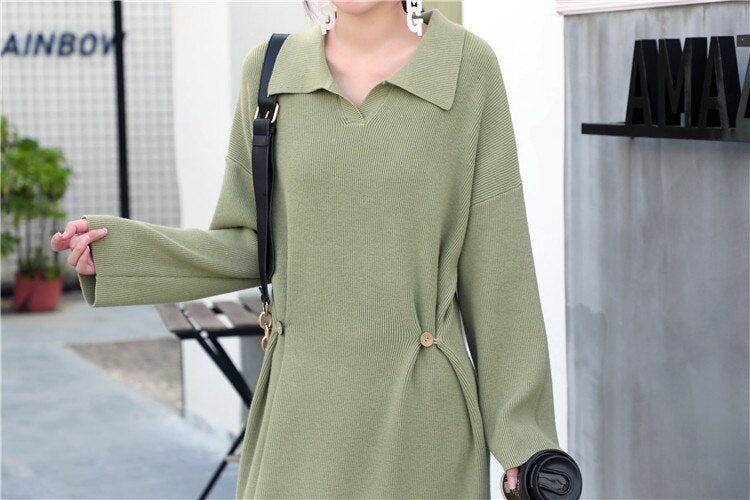 Casual Design Knitting Turn-down Collar Loose Korean Sweater Dress