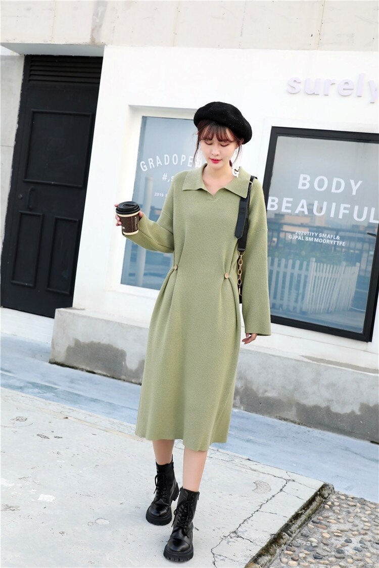 Casual Design Knitting Turn-down Collar Loose Korean Sweater Dress