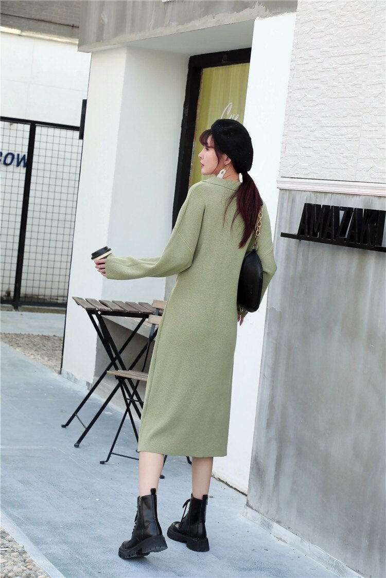 Casual Design Knitting Turn-down Collar Loose Korean Sweater Dress
