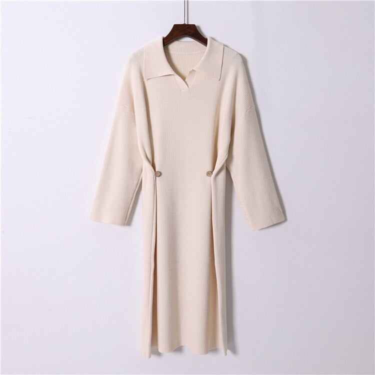 Casual Design Knitting Turn-down Collar Loose Korean Sweater Dress