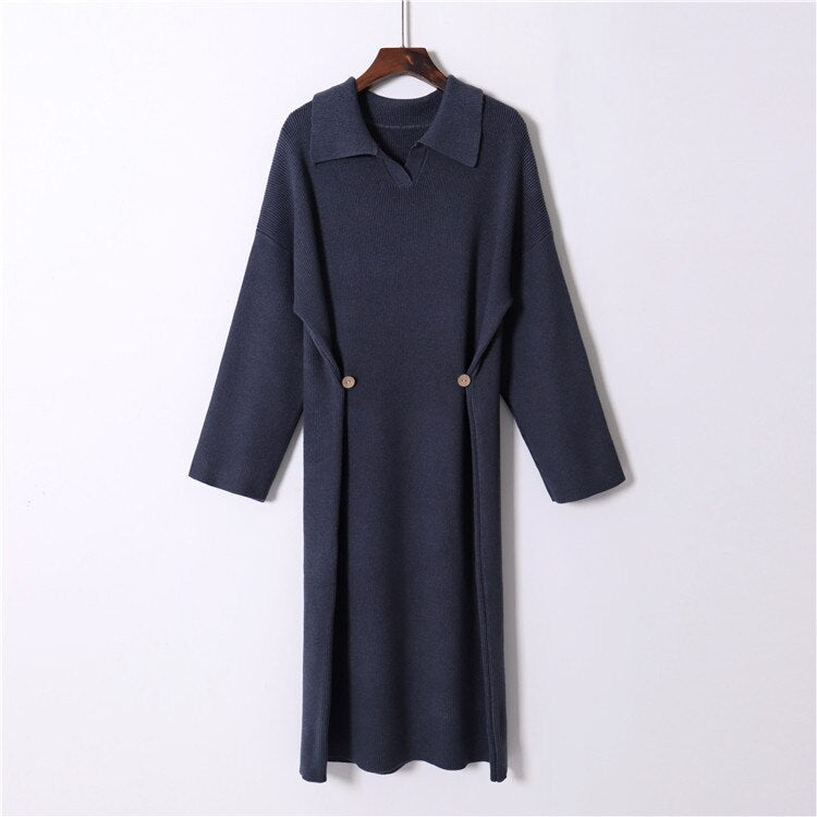 Casual Design Knitting Turn-down Collar Loose Korean Sweater Dress