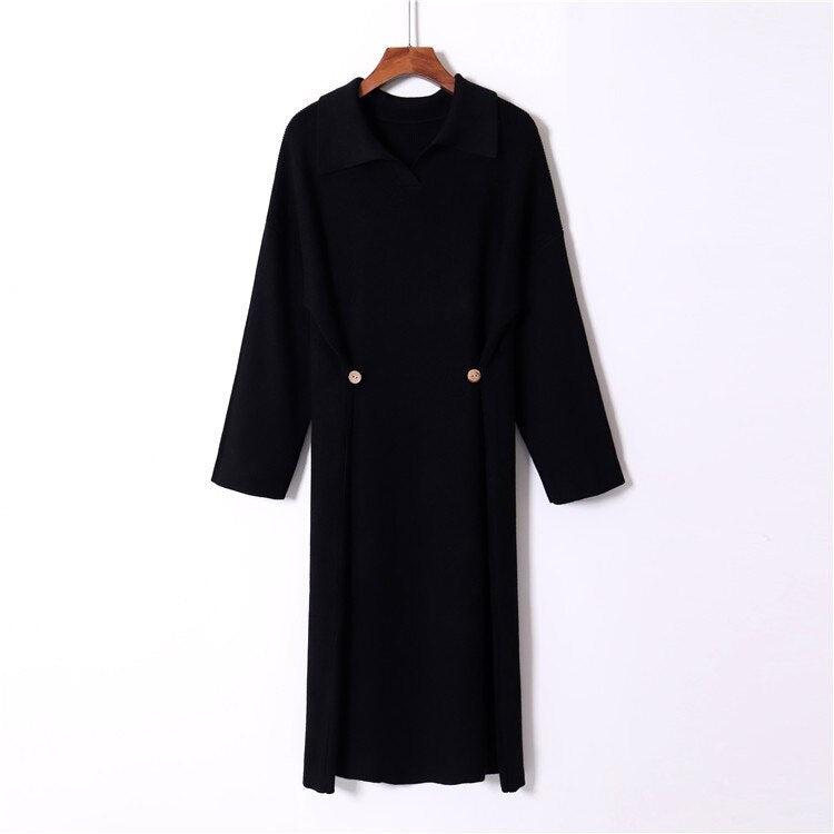 Casual Design Knitting Turn-down Collar Loose Korean Sweater Dress