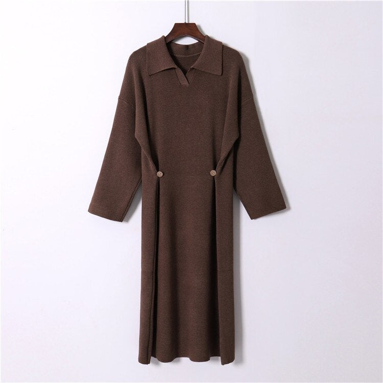 Casual Design Knitting Turn-down Collar Loose Korean Sweater Dress