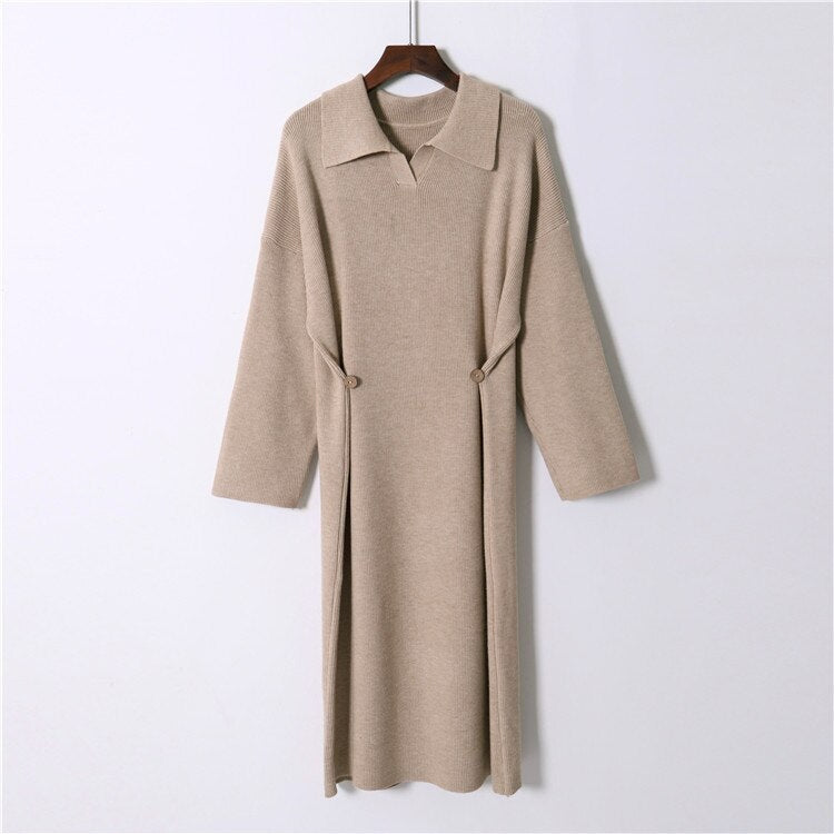 Casual Design Knitting Turn-down Collar Loose Korean Sweater Dress