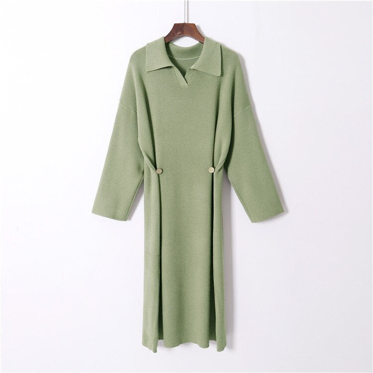 Casual Design Knitting Turn-down Collar Loose Korean Sweater Dress