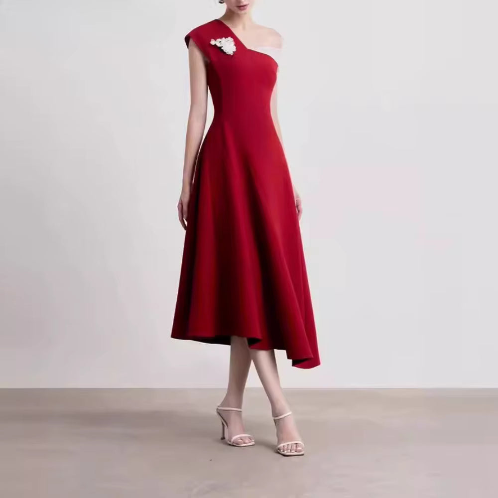 Casual Diagonal Neck Sleeveless Patchwork Folds Irregular Solid Decoration Midi Dress