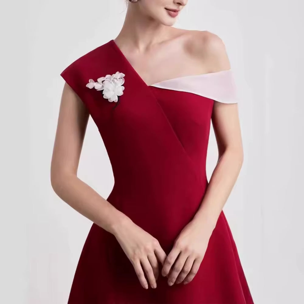 Casual Diagonal Neck Sleeveless Patchwork Folds Irregular Solid Decoration Midi Dress