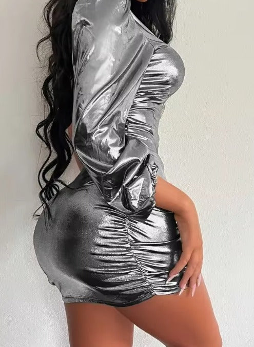 Casual Diagonal collar Slanted Shoulder Single Long Sleeve Hip Wrap Street wear Mini Dress
