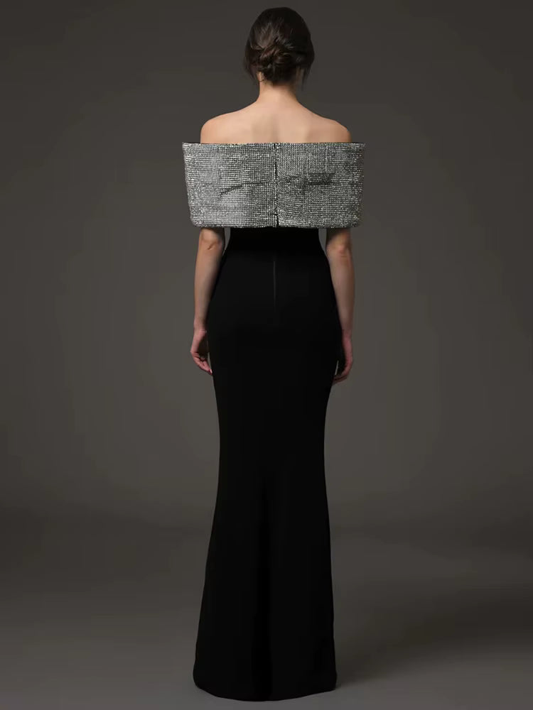 Casual Diamonds Bow Slash Neck Off The Shoulders Long Maxi Dress