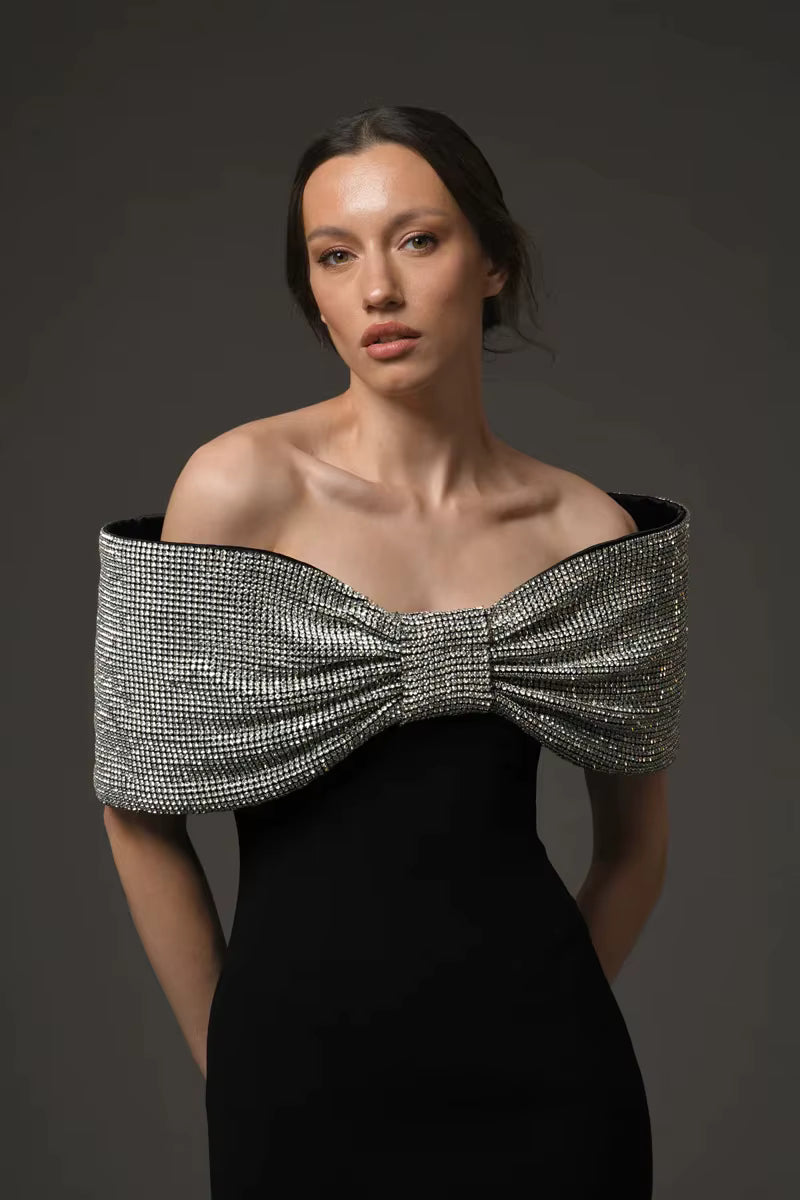 Casual Diamonds Bow Slash Neck Off The Shoulders Long Maxi Dress