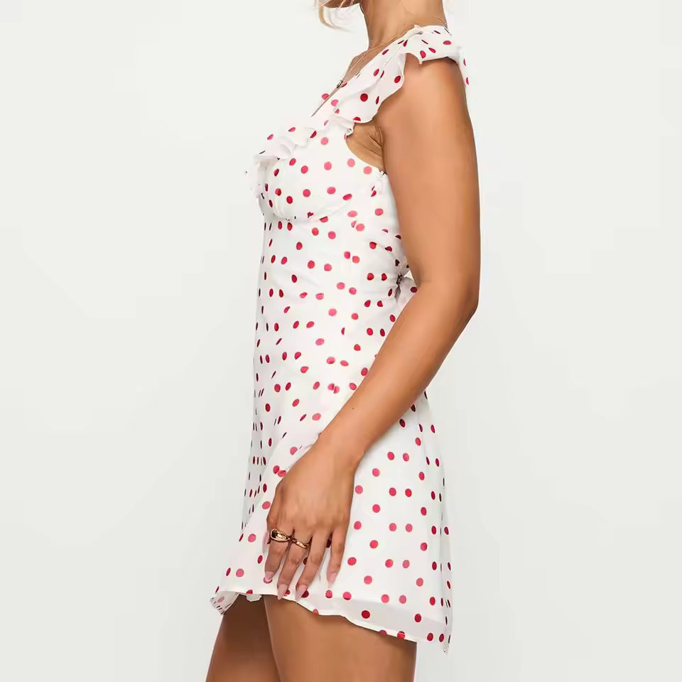 Casual Dot Print Ruffle V Neck Flying Sleeve Layered Tie-up Belted A-line Party Short Mini Dress