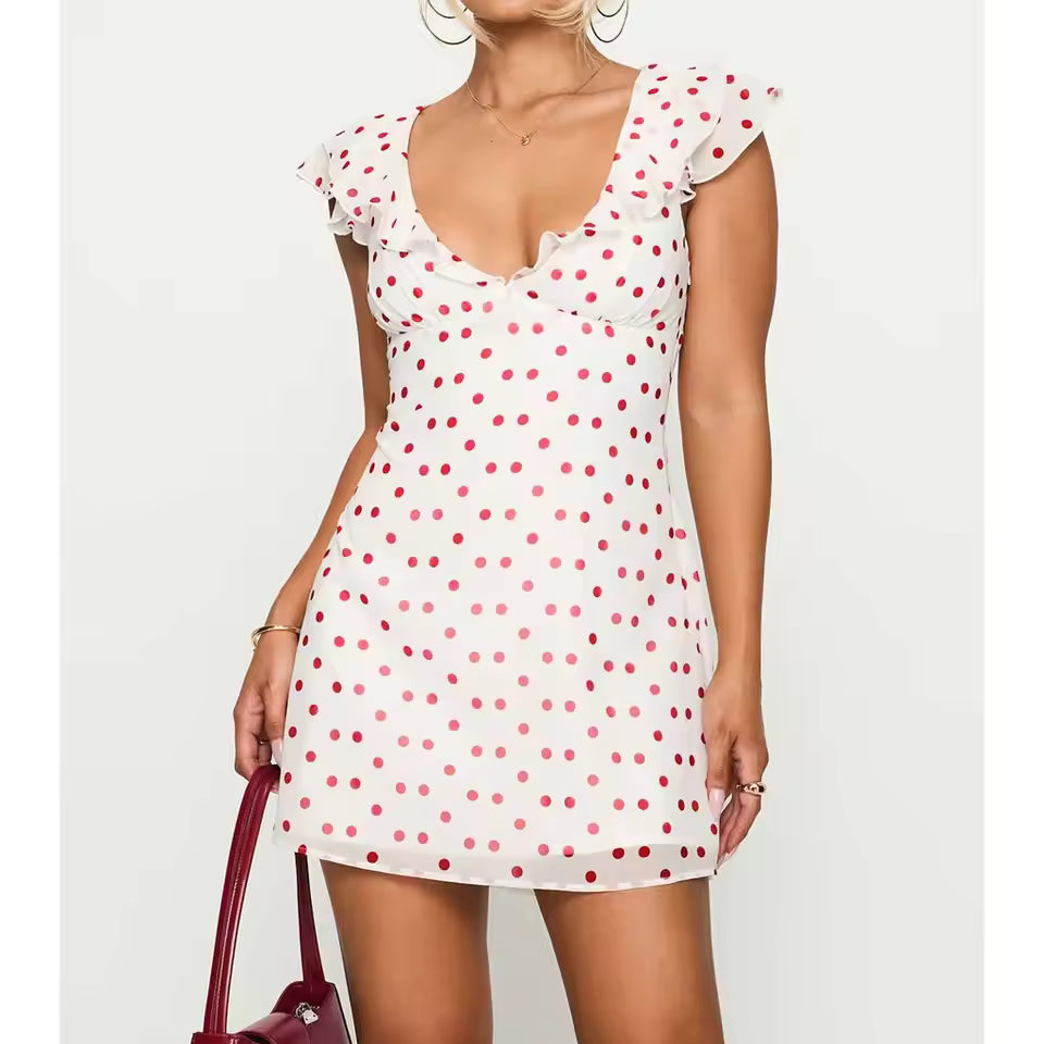 Casual Dot Print Ruffle V Neck Flying Sleeve Layered Tie-up Belted A-line Party Short Mini Dress