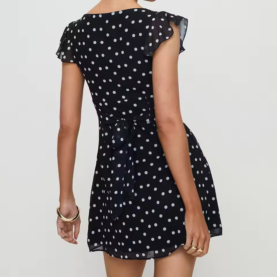 Casual Dot Print Ruffle V Neck Flying Sleeve Layered Tie-up Belted A-line Party Short Mini Dress