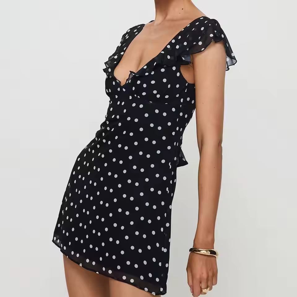 Casual Dot Print Ruffle V Neck Flying Sleeve Layered Tie-up Belted A-line Party Short Mini Dress