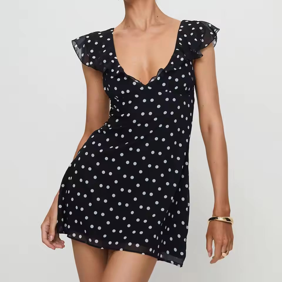 Casual Dot Print Ruffle V Neck Flying Sleeve Layered Tie-up Belted A-line Party Short Mini Dress