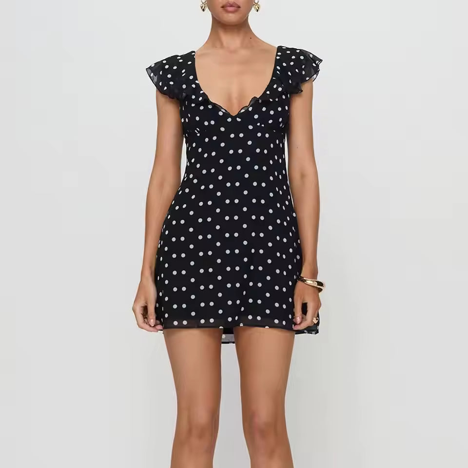 Casual Dot Print Ruffle V Neck Flying Sleeve Layered Tie-up Belted A-line Party Short Mini Dress